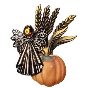 Vintage Fall Harvest Angel Pumpkin Wheat Brooch Amber Glass Cabochon Pin 2.25"